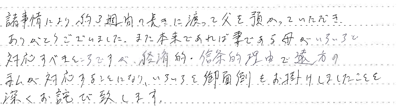 諸事情により約3週間の長きに渡って父を預かって頂きありがとうございました。